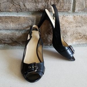 Black Peep-Toe Leather Pump